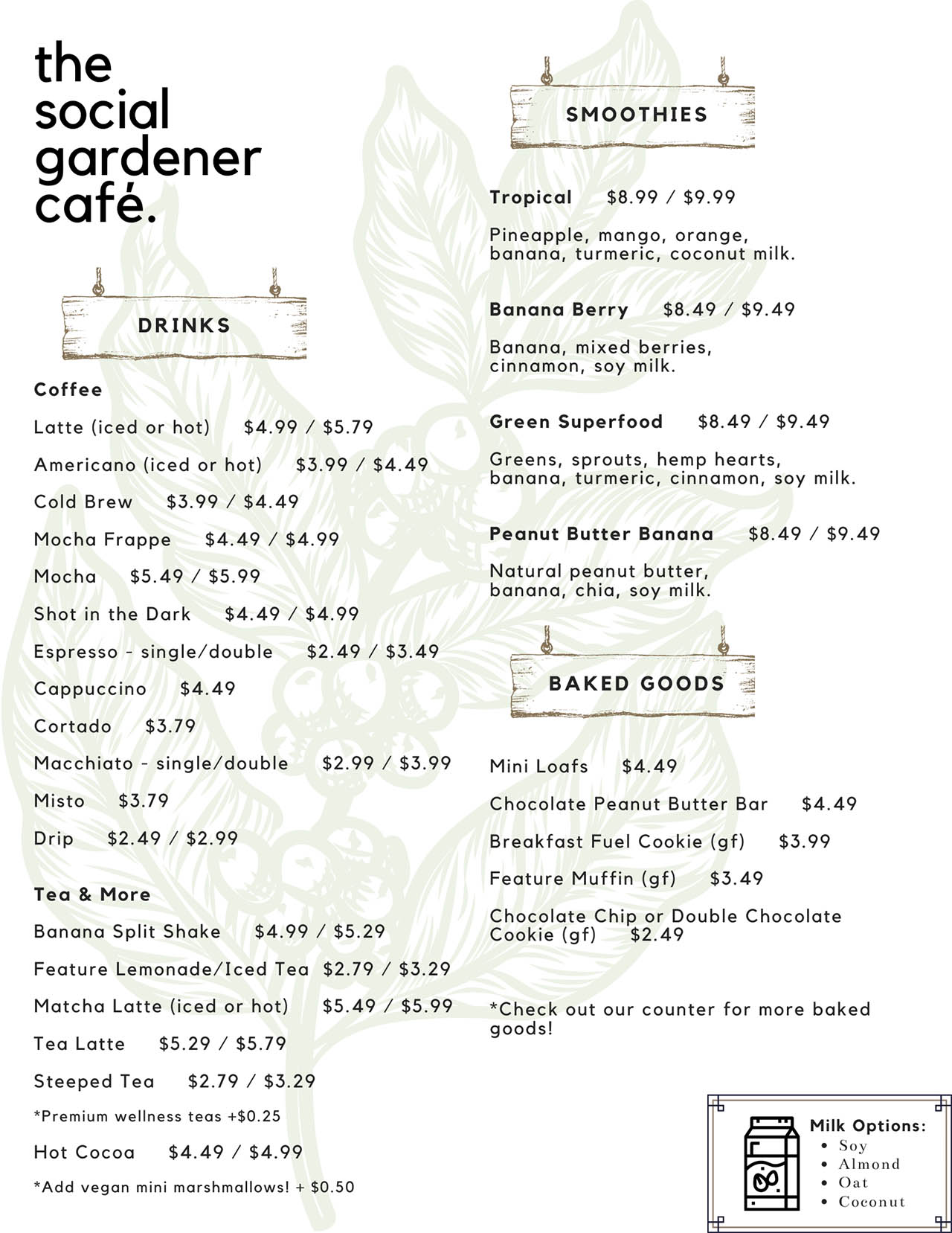 Menu, Social Gardener Cafe Menu
