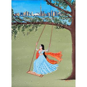 Whispers of Two Worlds: Toronto Skyline with Princess on Swing
